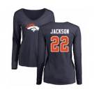 Football Women's Denver Broncos #22 Kareem Jackson Navy Blue Name & Number Logo Long Sleeve T-Shirt