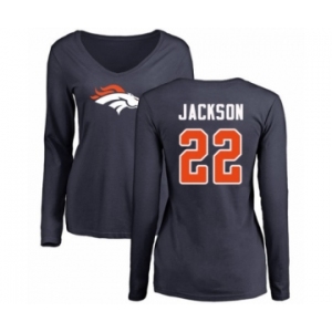 Football Women's Denver Broncos #22 Kareem Jackson Navy Blue Name & Number Logo Long Sleeve T-Shirt