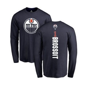 NHL Adidas Edmonton Oilers #1 Laurent Brossoit Navy Blue Backer Long Sleeve T-Shirt
