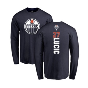 NHL Adidas Edmonton Oilers #27 Milan Lucic Navy Blue Backer Long Sleeve T-Shirt