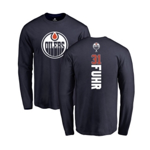 NHL Adidas Edmonton Oilers #31 Grant Fuhr Navy Blue Backer Long Sleeve T-Shirt