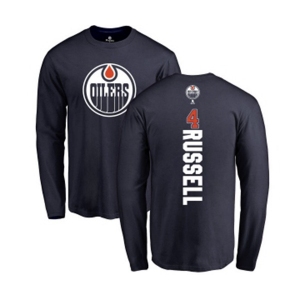 NHL Adidas Edmonton Oilers #4 Kris Russell Navy Blue Backer Long Sleeve T-Shirt
