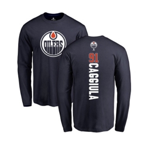 NHL Adidas Edmonton Oilers #91 Drake Caggiula Navy Blue Backer Long Sleeve T-Shirt