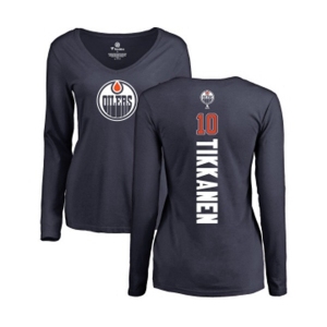 NHL Women Adidas Edmonton Oilers #10 Esa Tikkanen Navy Blue Backer Slim Fit Long Sleeve T-Shirt