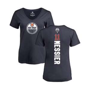 NHL Women Adidas Edmonton Oilers #11 Mark Messier Navy Blue Backer Slim Fit V-Neck T-Shirt