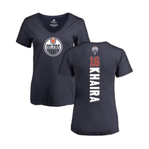 NHL Women Adidas Edmonton Oilers #16 Jujhar Khaira Navy Blue Backer Slim Fit V-Neck T-Shirt