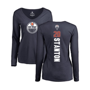 NHL Women Adidas Edmonton Oilers #20 Ryan Stanton Navy Blue Backer Slim Fit Long Sleeve T-Shirt