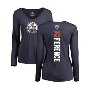 NHL Women Adidas Edmonton Oilers #21 Andrew Ference Navy Blue Backer Slim Fit Long Sleeve T-Shirt