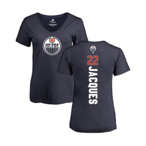 NHL Women Adidas Edmonton Oilers #22 Jean-Francois Jacques Navy Blue Backer Slim Fit V-Neck T-Shirt