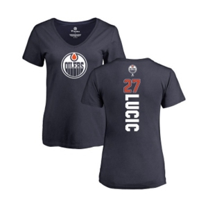 NHL Women Adidas Edmonton Oilers #27 Milan Lucic Navy Blue Backer Slim Fit V-Neck T-Shirt