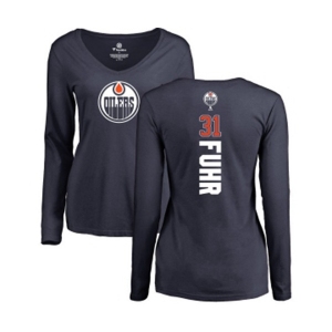 NHL Women Adidas Edmonton Oilers #31 Grant Fuhr Navy Blue Backer Slim Fit Long Sleeve T-Shirt