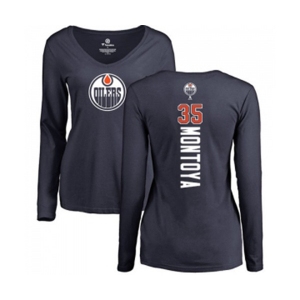 NHL Women Adidas Edmonton Oilers #35 Al Montoya Navy Blue Backer Slim Fit Long Sleeve T-Shirt