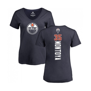 NHL Women Adidas Edmonton Oilers #35 Al Montoya Navy Blue Backer Slim Fit V-Neck T-Shirt