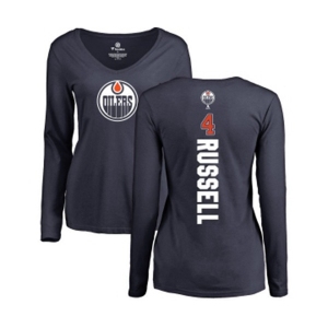 NHL Women Adidas Edmonton Oilers #4 Kris Russell Navy Blue Backer Slim Fit Long Sleeve T-Shirt