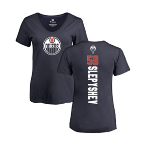NHL Women Adidas Edmonton Oilers #58 Anton Slepyshev Navy Blue Backer Slim Fit V-Neck T-Shirt