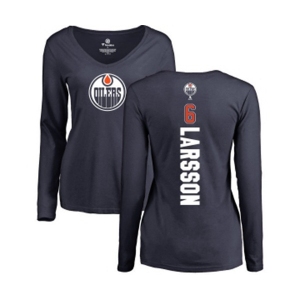 NHL Women Adidas Edmonton Oilers #6 Adam Larsson Navy Blue Backer Slim Fit Long Sleeve T-Shirt