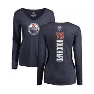 NHL Women Adidas Edmonton Oilers #75 Evan Bouchard Navy Blue Backer Slim Fit Long Sleeve T-Shirt