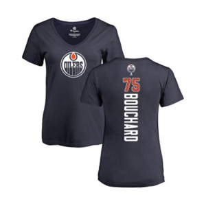 NHL Women Adidas Edmonton Oilers #75 Evan Bouchard Navy Blue Backer Slim Fit V-Neck T-Shirt