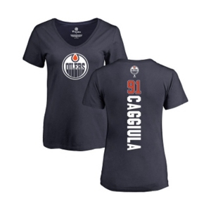NHL Women Adidas Edmonton Oilers #91 Drake Caggiula Navy Blue Backer Slim Fit V-Neck T-Shirt