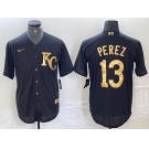 Men's Kansas City Royals #13 Salvador Perez Black Gold Cool Base Stitched Jersey