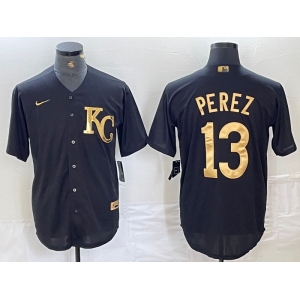 Men's Kansas City Royals #13 Salvador Perez Black Gold Cool Base Stitched Jersey