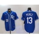 Men's Kansas City Royals #13 Salvador Perez Blue KC Cool Base Stitched Jersey