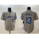Men's Kansas City Royals #13 Salvador Perez Gray 2024 Away Limited Stitched Baseball Jersey