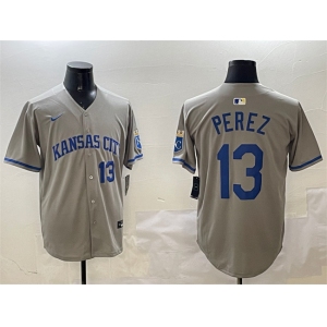 Men's Kansas City Royals #13 Salvador Perez Gray 2024 Away Limited Stitched Baseball Jersey