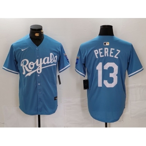 Men's Kansas City Royals #13 Salvador Perez Light Blue Cool Base Stitched Jersey