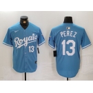 Men's Kansas City Royals #13 Salvador Perez Number Light Blue Cool Base Stitched Jersey