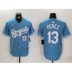 Men's Kansas City Royals #13 Salvador Perez Number Light Blue Cool Base Stitched Jersey