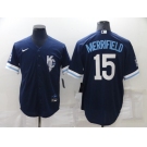 Men's Kansas City Royals #15 Whit Merrifield 2022 Navy Blue City Connect Cool Base Stitched Jersey