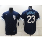 Men's Kansas City Royals #23 Zack Greinke 2022 Navy Blue City Connect Cool Base Stitched Jersey