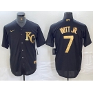 Men's Kansas City Royals #7 Bobby Witt Jr Black Gold Cool Base Stitched Jersey