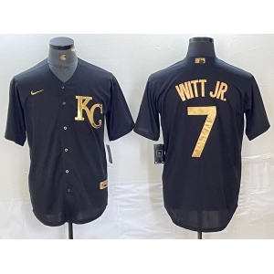 Men's Kansas City Royals #7 Bobby Witt Jr Black Gold Cool Base Stitched Jersey