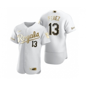 Men's  Nike Kansas City Royals #13 Salvador Perez White 2020 Authentic Golden Edition Baseball Jersey