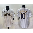 Men's Milwaukee Brewers #10 Sal Frelick White Pinstripe 2025 With Patch Stitched Baseball Jersey