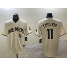 Men's Milwaukee Brewers #11 Jackson Chourio Number Cream Stitched Cool Base Nike Jersey
