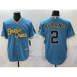 Men's Milwaukee Brewers #2 Brice Turang Powder Blue City Connect Cool Base Stitched Jersey