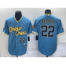 Men's Milwaukee Brewers #22 Christian Yelich Number Blue 2022 City Connect Cool Base Stitched Jersey