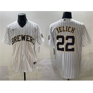 Men's Milwaukee Brewers #22 Christian Yelich White Pinstripe 2025 With Patch Stitched Jersey