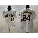 Men's Milwaukee Brewers #24 William Contreras White Pinstripe 2025 With Patch Stitched Stitched Jersey