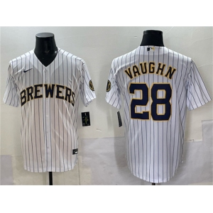 Men's Milwaukee Brewers #28 Andrew Vaughn White Pinstripe 2025 With Patch Stitched Baseball Jersey