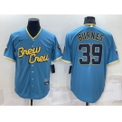 Men's Milwaukee Brewers #39 Corbin Burnes Blue 2022 City Connect Cool Base Stitched Jersey