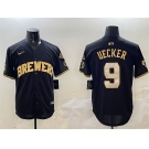 Men's Milwaukee Brewers #9 Bob Uecker Black Gold With Home Patch Limited Stitched Baseball Jersey