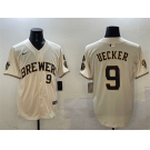 Men's Milwaukee Brewers #9 Bob Uecker Cream With Home Patch Limited Stitched Baseball Jersey