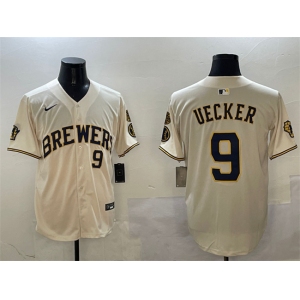 Men's Milwaukee Brewers #9 Bob Uecker Cream With Home Patch Limited Stitched Baseball Jersey