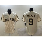 Men's Milwaukee Brewers #9 Bob Uecker Cream With Home Patch Stitched Baseball Jersey