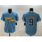 Men's Milwaukee Brewers #9 Bob Uecker Powder Blue City Connect With Patch Cool Base Stitched Jersey