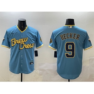 Men's Milwaukee Brewers #9 Bob Uecker Powder Blue City Connect With Patch Cool Base Stitched Jersey